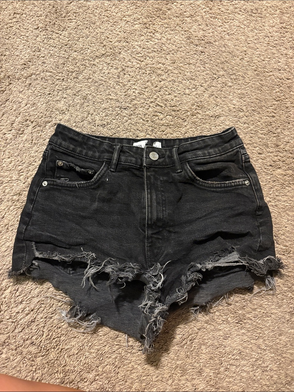 Zara Black Distressed Frayed Hem Denim Shorts